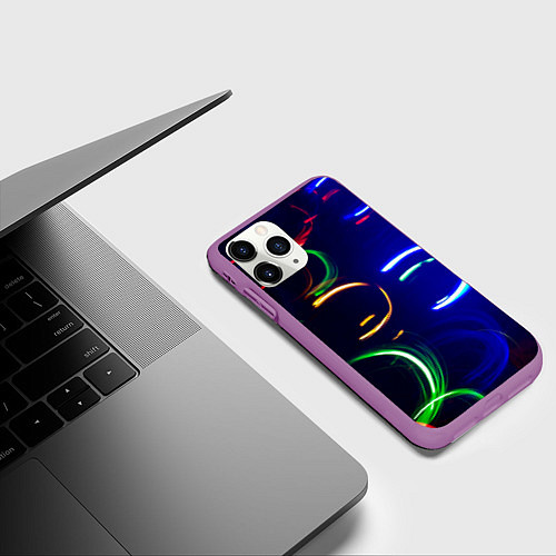 Чехол iPhone 11 Pro матовый Неоновые волны во тьме - Синий / 3D-Фиолетовый – фото 3