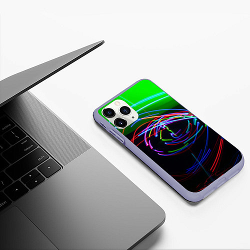 Чехол iPhone 11 Pro матовый Неоновые абстрактные волнообразные огни - Зелёный / 3D-Светло-сиреневый – фото 3