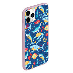 Чехол iPhone 11 Pro матовый Акула, скат и другие обитатели океана - лето, цвет: 3D-розовый — фото 2