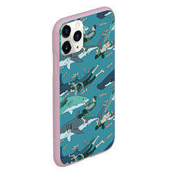 Чехол iPhone 11 Pro матовый Ныряльщики и акулы - паттерн, цвет: 3D-розовый — фото 2