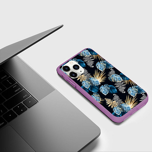 Чехол iPhone 11 Pro матовый Свет неоновых листьев / 3D-Фиолетовый – фото 3