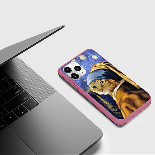 Чехол iPhone 11 Pro матовый Прикол с котом: пародия картина / 3D-Малиновый – фото 3