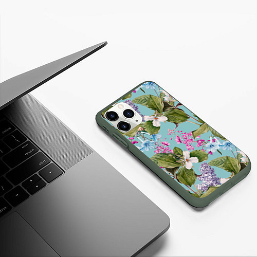 Чехол iPhone 11 Pro матовый Цветы Цветущая Сирень / 3D-Темно-зеленый – фото 3