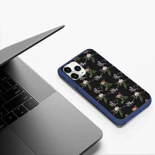 Чехол iPhone 11 Pro матовый Дизайн из роз / 3D-Тёмно-синий – фото 3