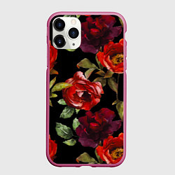 Чехол iPhone 11 Pro матовый Цветы Нарисованные Розы На Чёрном Фоне, цвет: 3D-малиновый