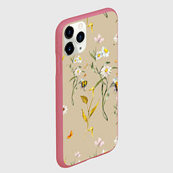 Чехол iPhone 11 Pro матовый Нарисованные Цветы Ромашки и Пчёлы, цвет: 3D-малиновый — фото 2