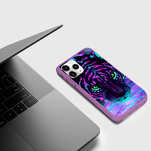 Чехол iPhone 11 Pro матовый Светящийся неоновый тигр / 3D-Фиолетовый – фото 3