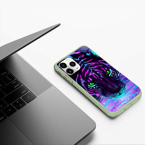 Чехол iPhone 11 Pro матовый Светящийся неоновый тигр / 3D-Салатовый – фото 3