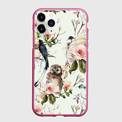 Чехол iPhone 11 Pro матовый Цветы Нарисованные Магнолии и Птицы, цвет: 3D-малиновый