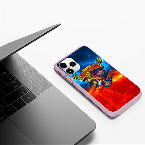 Чехол iPhone 11 Pro матовый Extreme motocross: мотоциклист на фоне огня / 3D-Розовый – фото 3