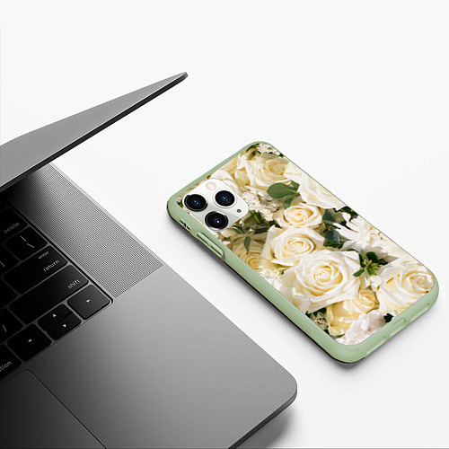 Чехол iPhone 11 Pro матовый Белые Розы, беззащитны шипы / 3D-Салатовый – фото 3
