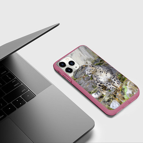 Чехол iPhone 11 Pro матовый Снежный барс среди скал / 3D-Малиновый – фото 3