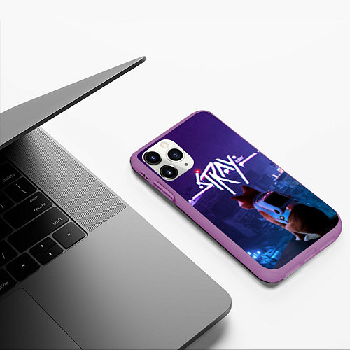 Чехол iPhone 11 Pro матовый Stray кот неон / 3D-Фиолетовый – фото 3