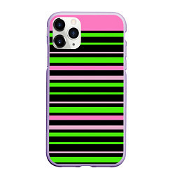 Чехол iPhone 11 Pro матовый Полосаты узор в зелено-розовых оттенках на черном, цвет: 3D-светло-сиреневый