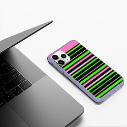 Чехол iPhone 11 Pro матовый Полосаты узор в зелено-розовых оттенках на черном, цвет: 3D-светло-сиреневый — фото 2