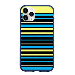 Чехол iPhone 11 Pro матовый Желто-голубые полосы на черном фоне, цвет: 3D-тёмно-синий