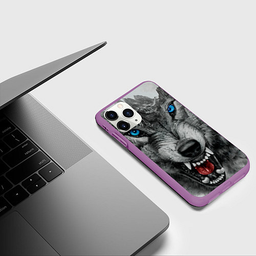 Чехол iPhone 11 Pro матовый Агрессивный волк с синими глазами / 3D-Фиолетовый – фото 3