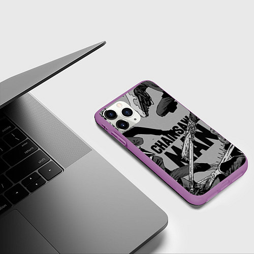 Чехол iPhone 11 Pro матовый Chainsaw man comix / 3D-Фиолетовый – фото 3
