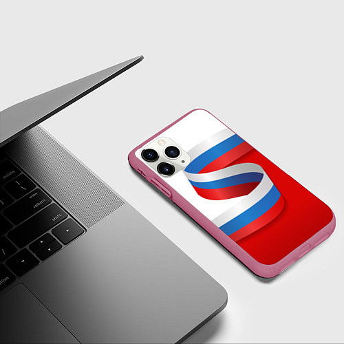 Чехол iPhone 11 Pro матовый Лента триколор на красно-белом фоне / 3D-Малиновый – фото 3
