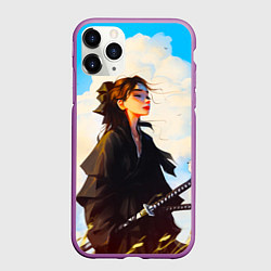 Чехол iPhone 11 Pro матовый Девушка самурай и облака, цвет: 3D-фиолетовый