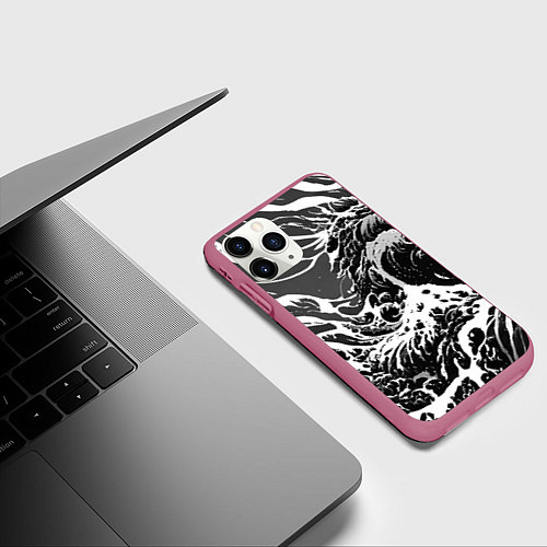 Чехол iPhone 11 Pro матовый Черно-белые волны / 3D-Малиновый – фото 3