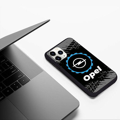Чехол iPhone 11 Pro матовый Opel в стиле Top Gear со следами шин на фоне / 3D-Черный – фото 3