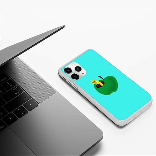 Чехол iPhone 11 Pro матовый Зеленое яблоко с червяком / 3D-Белый – фото 3