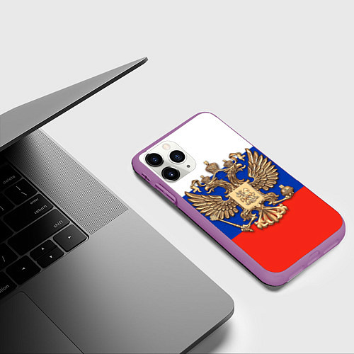 Чехол iPhone 11 Pro матовый Герб России на фоне флага / 3D-Фиолетовый – фото 3