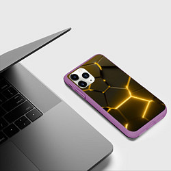 Чехол iPhone 11 Pro матовый Золотые неоновые геометрические плиты, цвет: 3D-фиолетовый — фото 2
