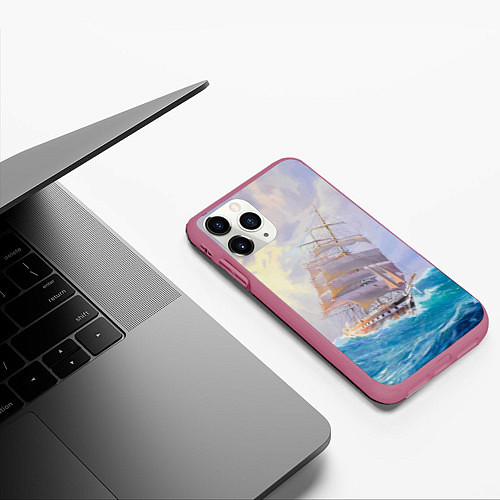 Чехол iPhone 11 Pro матовый Фрегат в штормовом океане / 3D-Малиновый – фото 3