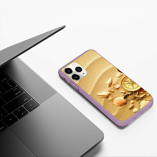 Чехол iPhone 11 Pro матовый Композиция из ракушек и компаса на песке / 3D-Сиреневый – фото 3