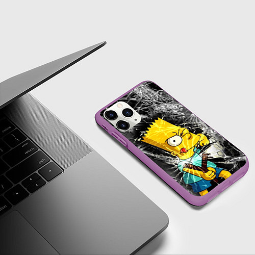 Чехол iPhone 11 Pro матовый Барт Симпсон разбил из рогатки стекло / 3D-Фиолетовый – фото 3