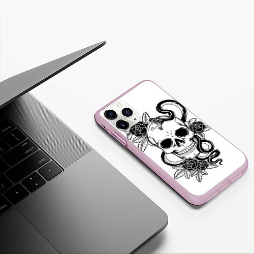 Чехол iPhone 11 Pro матовый Череп и Мамба и чёрные розы / 3D-Розовый – фото 3