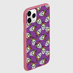 Чехол iPhone 11 Pro матовый Сахарные черепа на фиолетовом паттерн, цвет: 3D-малиновый — фото 2