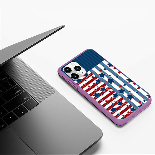 Чехол iPhone 11 Pro матовый Blue stars on a striped pattern / 3D-Фиолетовый – фото 3