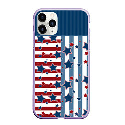 Чехол iPhone 11 Pro матовый Blue stars on a striped pattern, цвет: 3D-светло-сиреневый