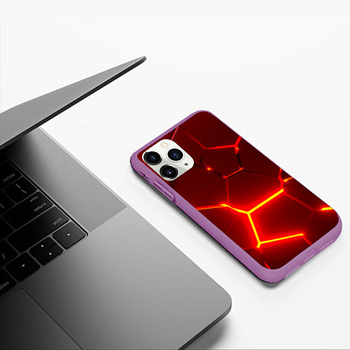 Чехол iPhone 11 Pro матовый Красные неоновые геометрические плиты / 3D-Фиолетовый – фото 3