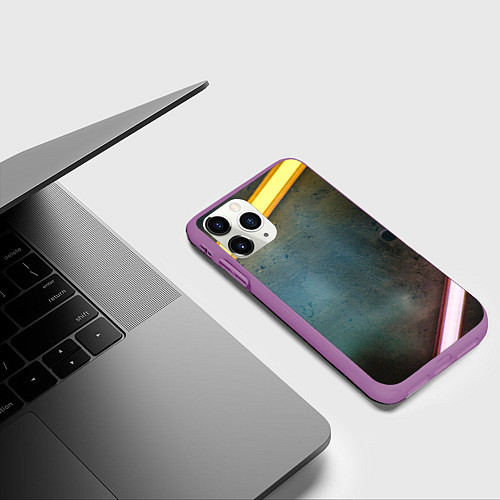Чехол iPhone 11 Pro матовый Абстрактная тёмная поверхность и неоновые фонари / 3D-Фиолетовый – фото 3