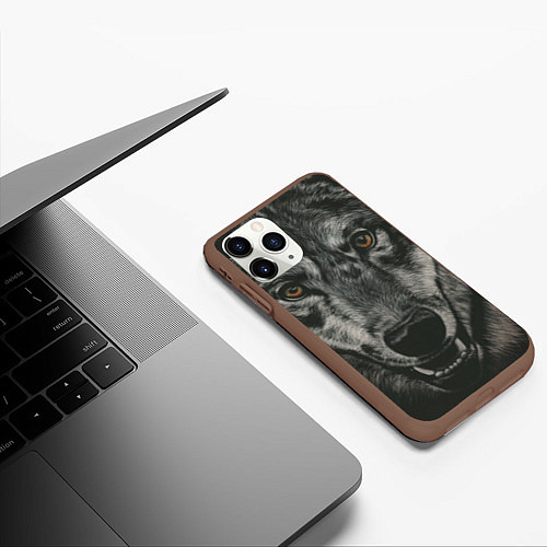 Чехол iPhone 11 Pro матовый Крупная морда серого волка / 3D-Коричневый – фото 3