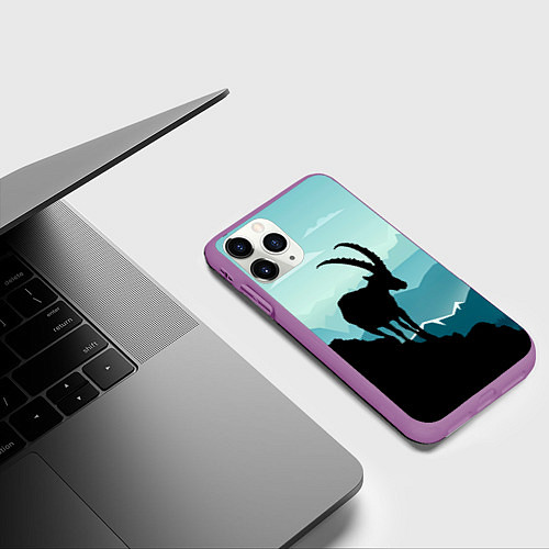 Чехол iPhone 11 Pro матовый Горный козел и горы / 3D-Фиолетовый – фото 3