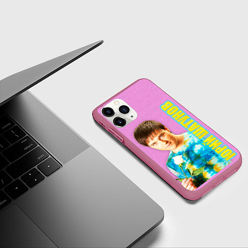 Чехол iPhone 11 Pro матовый Юрий Шатунов с белой розой / 3D-Малиновый – фото 3