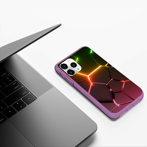 Чехол iPhone 11 Pro матовый Неоновые радужные плиты / 3D-Фиолетовый – фото 3