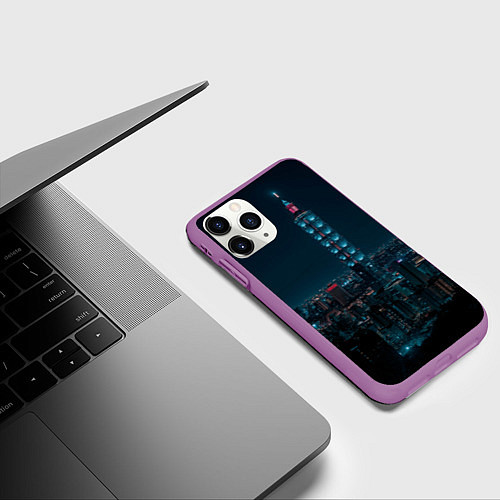 Чехол iPhone 11 Pro матовый Ночной неоновый город / 3D-Фиолетовый – фото 3
