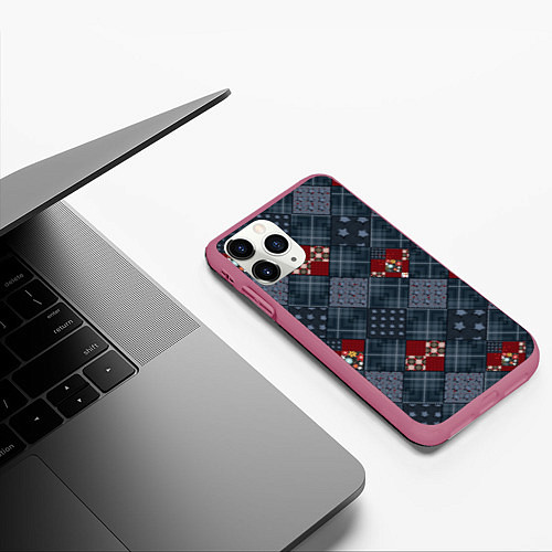 Чехол iPhone 11 Pro матовый Red and blue denim patchwork / 3D-Малиновый – фото 3