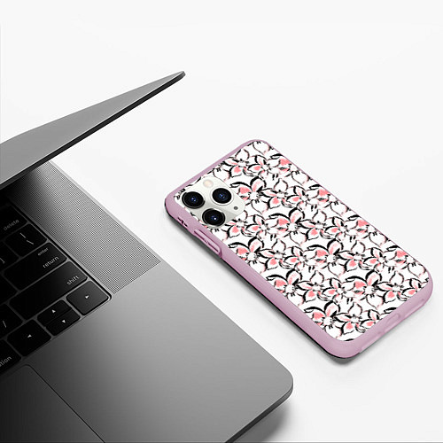 Чехол iPhone 11 Pro матовый Бело-розовые цветы с черной обводкой / 3D-Розовый – фото 3