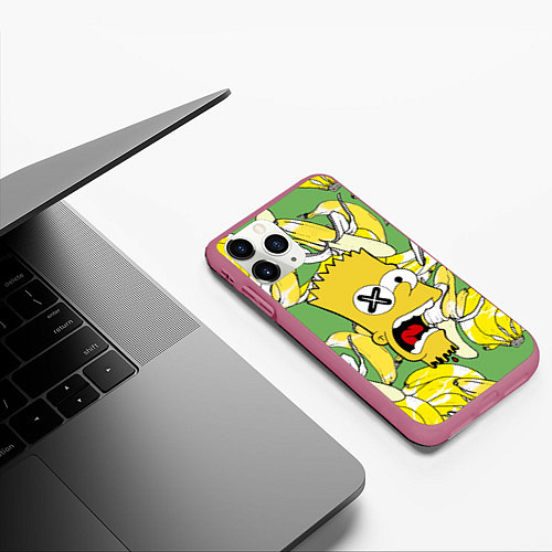 Чехол iPhone 11 Pro матовый Башка Барта Симпсона среди бананов / 3D-Малиновый – фото 3