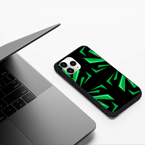 Чехол iPhone 11 Pro матовый Фигуры зеленого цвета на черном фоне geometry / 3D-Черный – фото 3