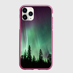 Чехол iPhone 11 Pro матовый Сияние над лесом, цвет: 3D-малиновый