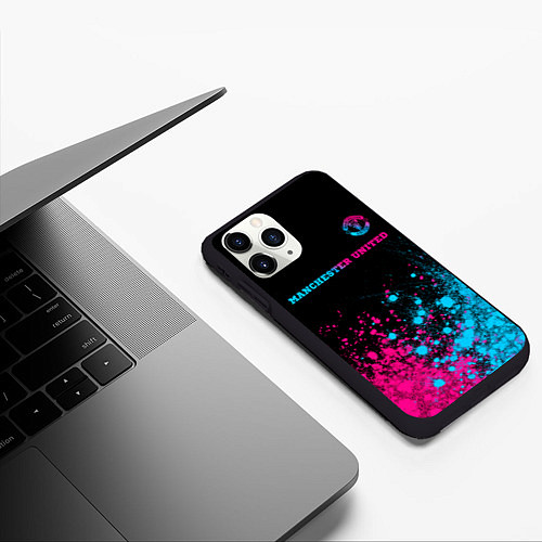 Чехол iPhone 11 Pro матовый Manchester United - neon gradient: символ сверху / 3D-Черный – фото 3