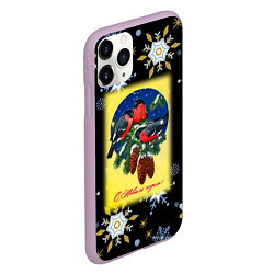 Чехол iPhone 11 Pro матовый Новый Год Три Снегиря, цвет: 3D-сиреневый — фото 2
